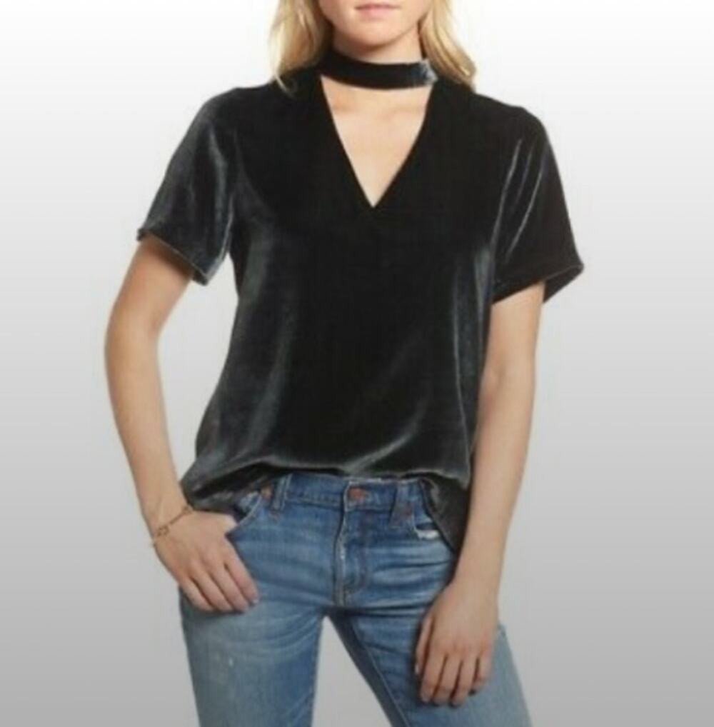 MADEWELL Short Sleeve Choker Collar Velvet Silk Blend Blouse H1947 // XXS